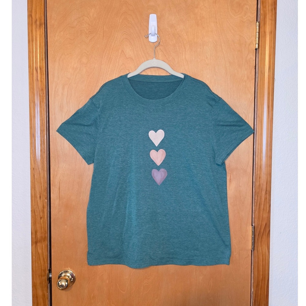 Heather Teal Triple Heart Graphic Tee Shirt XL Short Sleeve Cottage Cozy Boho